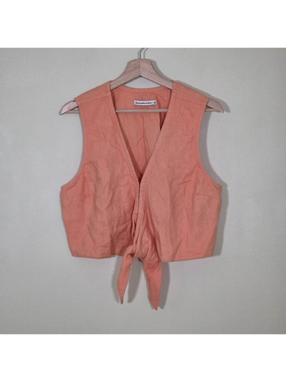 Abercrombie & Fitch Cropped Top Womens L Coral Tie Front Linen Blend Sleeveless - Picture 15 of 16